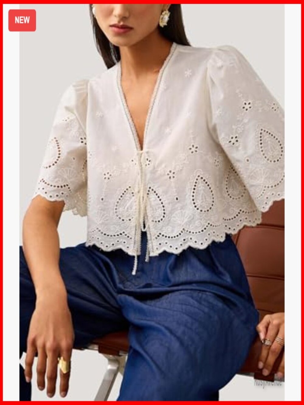 Short Sleeve Eyelet Blouse Tie Front Puff Sleeve V Neck Cropped Top - Picture 2 of 6